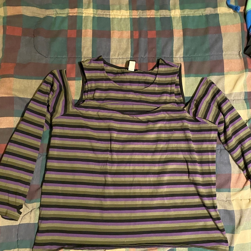 Green & Purple Striped Cold-Shoulder Long Sleeve Top